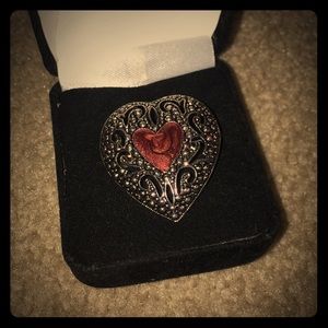 Vintage heart pin with red center
